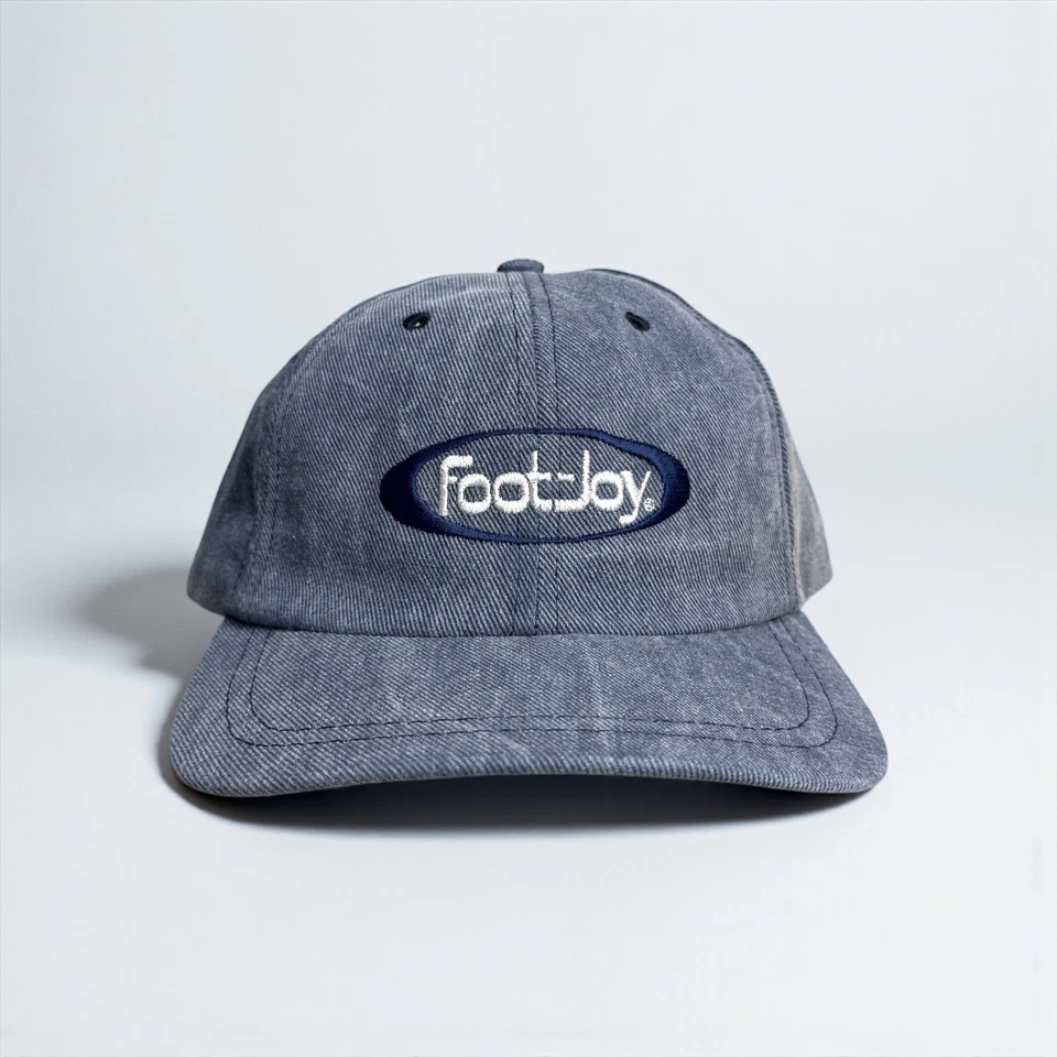 De colección Footjoy Denim Jean Golf Sombrero Correa Trasera Snap Script Logo Papá Años 90 Raro FJ Foto 1 de 4