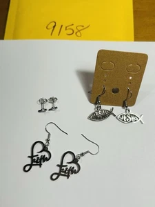 3 Earrings Sets Religious Jewelry Faith Hearts, Jesus Fish Dangle, Cross Studs - Picture 1 of 8