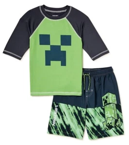 Boys Minecraft Swimsuit Swim Trunks Rash Guard Set Shorts Shirt Creeper 4 5 6 7 - Picture 1 of 5