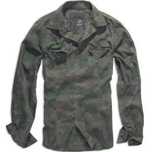 Brandit Casual Mens Cotton Shirt Military Hunting Long Sleeve Top Woodland Camo - Picture 1 of 7