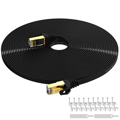 30M Cat7 Ethernet Network LAN Cable Gold Plated thin Flat Patch Lead RJ45 Black - Image 1 of 4