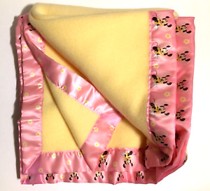 Yellow Fleece Baby Blanket Throw 56x61" Pink Satin Minnie Mouse Trim Handmade