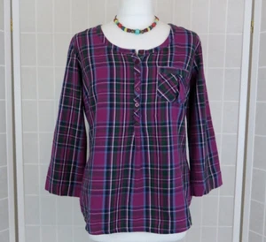 Fat Face Blouse Size 12 Amethyst Green Check Flannel Pocket 3/4 Roll Tab Sleeves - Picture 1 of 13