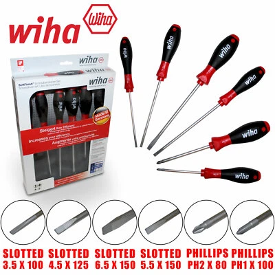 Wiha 07152 Slotted Phillips Screwdriver Set 6pcs PH1 PH2 3.5 to 5.5mm SoftFinish - Image 1 of 2