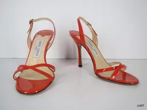 Jimmy Choo Heels Sandals Sz 7 37 Bright Orange Patent Leather Open Toe Slingback - Picture 1 of 10