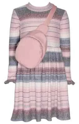 NWT Bonnie Jean Girls Pink Stripe Sweater Dress Size 4 Cross Body Long Sleeve - Image 1 of 2