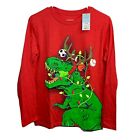 Cat & Jack XL 16 T-Rex Red Dinosaur Santa Christmas Holiday Shirt NEW