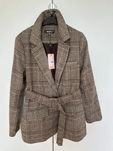 Checked Brown Blazer Coat with belt,Women's, Size 8, New with tags - Picture 1 of 6