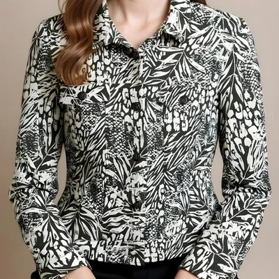 Jaqueta Tahari mistura de linho estampa de folha de palmeira verde branca botão frontal feminina grande - Imagem 1 de 4