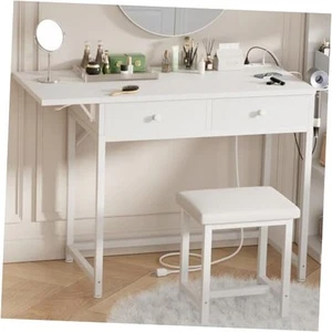 Small Makeup Vanity Desk No Mirror White Vanitys Table Set with Wood Drawers - Picture 1 of 8