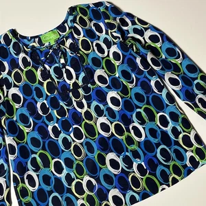 Pappagallo Lightweight Blouse Size L Blue Geometric Tie Front Puff Sleeve Top - Picture 1 of 7