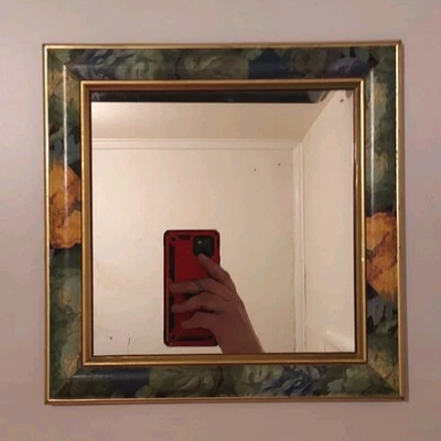 Vintage Floral Square Accent Mirror, Green, Orange Leafy 1990's  - Image 1 of 4