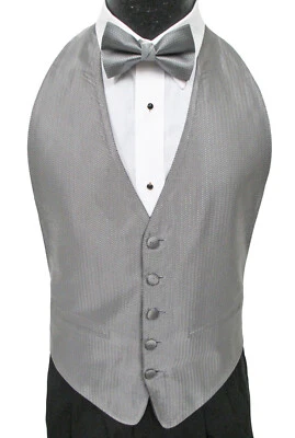 Men's Silver Tuxedo Vest & Bow Tie Open Back Herringbone Pattern Fit All(37-50) - Image 1 of 3