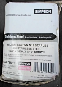 Simpson T16N075N11 3/4-Inch 7/16-Inch 316SS Crown 16 Ga Staples 5000 ct. - Picture 1 of 3