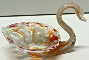 Murano Style Glass Swan Dish Orange White Swirl Art Bowl Figurine 4.75" Italy - Picture 1 of 13