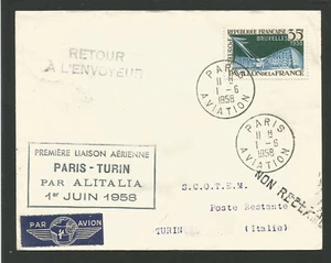 1958 ALITALIA 1er vol Paris - Turin timbre sur lettre /L2374 - Picture 1 of 2