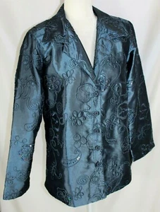 Giacca elegante nuova senza etichette Susan Graver donna S Teal LS foderata con bottoni e paillettes floreali - Foto 1 di 5