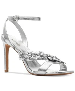 Michael Kors Tricia Leather Metallic Silver Floral Heel Sandals Size 9.5 - Bild 1 von 7