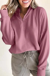Fushia Zipped Neck Pullover Drop Shoulder Sweatshirt - Picture 1 of 8