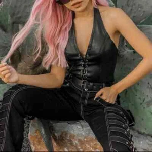 Sexy Women‘s Tanks Vests Solid Black PU Leather Y2k Gothic Lace Up Deep - Picture 1 of 6