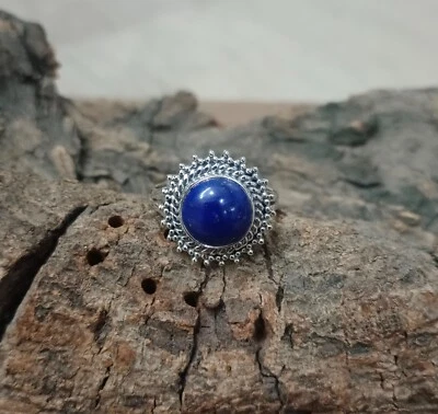 Anello in argento sterling 925 con pietre preziose rotonde lapislazzuli natur... - Immagine 1 di 4