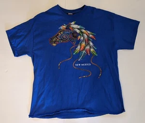 NEW MEXICO NATIVE AMERICAN HORSE BLUE RAISED INK GRAPHIC T SHIRT SIZE XL - Picture 1 of 2