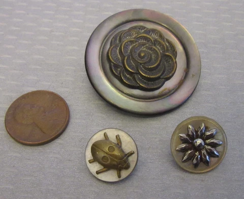 antique Button Lot 3 Mother of Pearl Metal Insect Beetle Ladybug Rose Cut Steel Cover
