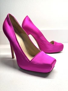 Alexander McQueen Magenta Satin Square Toe Platform Pumps Size 38.5 - Picture 1 of 9