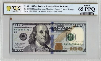 $100 2017A Cutting Error w/ Selvage, St. Louis, PCGS 65 PPQ PH19205799C - Image 1 of 3