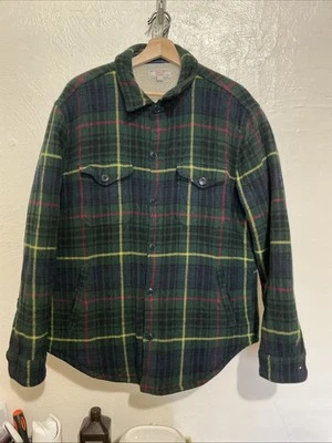 J CREW Wallace & Barnes Mens Large Green Plaid Sherpa Wool Shirt Jacket - Image 1 of 4