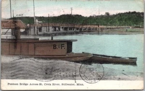 1908 STILLWATER, Minnesota Postcard "Pontoon Bridge Across St. Croix River" - Picture 1 of 2