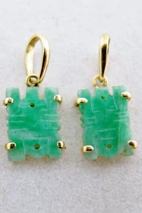 2 Small Chinese 18K Yellow Gold & Carved Green JADEITE Jade Pendants (.75") - Picture 1 of 11