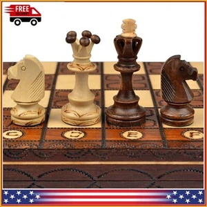 Handmade Wooden Chess Set 18.6" Hand Carved Board Pieces Full Game Vintage - Picture 1 of 9