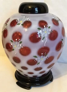 Fenton art glass Charleton roses cranberry coin dot ginger jar with stand - Picture 1 of 3