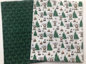 Faye Burgos Fabric Lot of 2 - Moose & Trees Green Cotton - 3/4 yard each - Picture 1 of 5