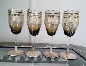 4 Vintage Sterling Silver overlay Venetian Glass Goblets Art Deco Smokey Topaz - Picture 1 of 10