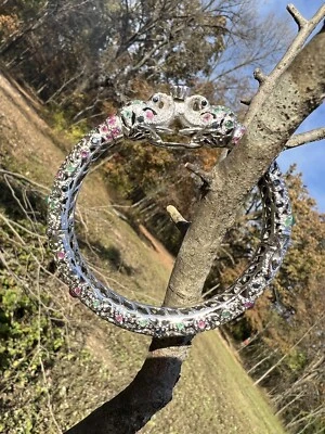 Sterling Silver Banjara Bangle Bracelet Elephant Ruby Emerald $1290 100% Aut - Image 1 of 4