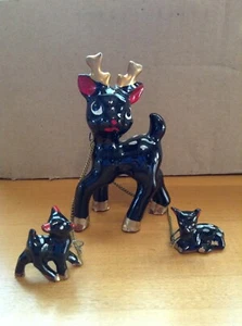 Vintage Wales Mama und Babys Kettenfiguren Hirsch Rehkitze Japan Kitsch große Augen  - Bild 1 von 10
