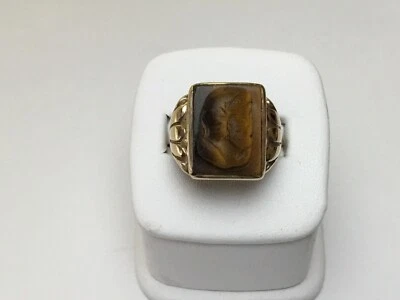 Anillo meñique ojo de tigre tallado soldado troyano oro amarillo sólido 14K para hombre talla 7,75” Foto 1 de 4