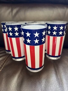 (8) MCM Cera Red White Blue American Flag Stars & Stripes Highball Glasses NIB - Picture 1 of 6