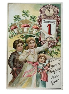 New Year Wishing You A Happy New Year Tuck 1910 Antique Postcard Mushrooms - Picture 1 of 2