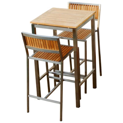 BAR-SET - EDELSTAHL TEAK Bartisch Bistrotisch 60x60cm mit 2x Barhocker MEXIKO - Bild 1 von 4