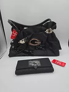 Geldbörse Schultertasche groß G Schnalle schwarz Kunstleder Stoff + Portemonnaie - Bild 1 von 10