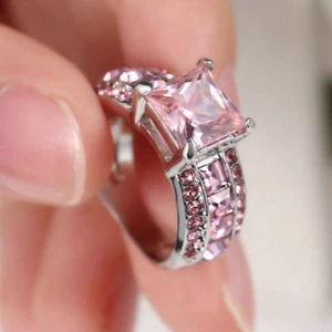 PINK SAPPHIRE & ACCENT CZ'S-WHITE GOLD FILLED RING SIZE 6-COSTUME JEWELRY KING - Picture 1 of 2