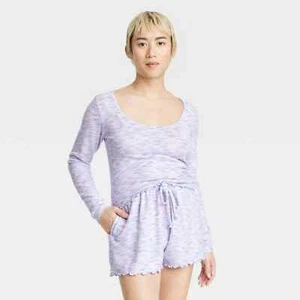 Colsie Women's Brushed Knit Long Sleeve Top and Shorts Pajama Set Purple Small - Picture 1 of 9