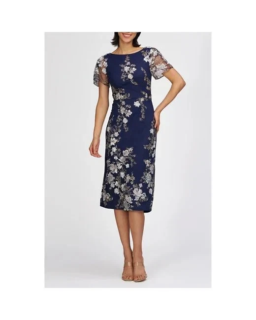 JS Collections Navy Blue Esmerelda Embroidered Cocktail Midi Dress Size 4 $268 - Image 1 of 4