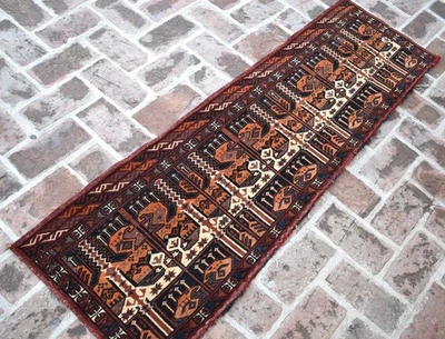 Handmade Afghan Turkmen Runner Rug 2x6 Red Antique Geometric Small Wool Carpet - Image 1 of 4