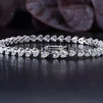 12Ct Lab Created Heart Diamond Tennis 7" Women Bracelet 14K White Gold Plated - Image 1 of 4