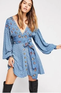 Free People Women’s Wonderland Floral Printed Blue Mini Boho Hippie Dress Sz S - Picture 1 of 6