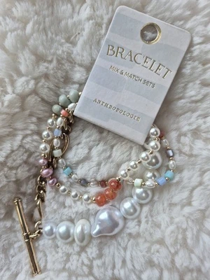 Anthropologie Bracelet Mix & Match Sets 14K Gold Plated Faux Pearls & Beads New - Image 1 of 4